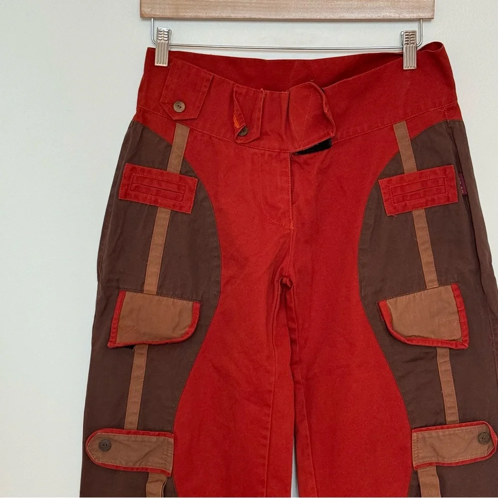 BROWN RUST AND TAN CARGO POCKET LOW RISE WIDE LEG RAVE FESTIVAL HIPPY PANT - Picture 2 of 6